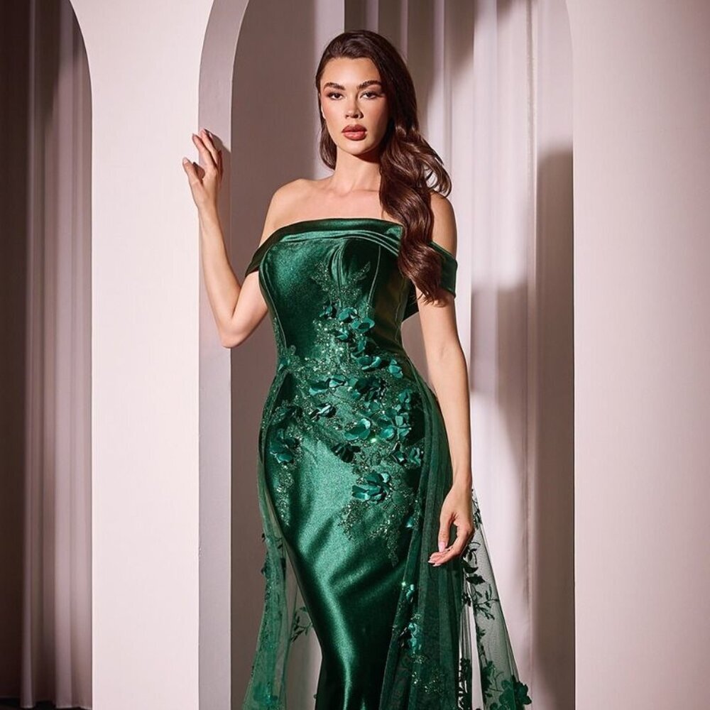 NEW LONG FORMAL OFF SHOULDER SHEATH SATIN GOWN W/ FLORAL TULLE OVERSKIRT CD J876